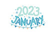 January 2023 logo with hand drawn snowflakes and garland. Months emblem for the design of calendars, seasons postcards, diaries. Doodle Vector illustration isolated on white background.