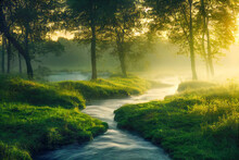Green Forest And Forest Stream At Sunset