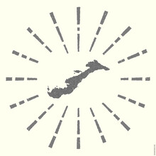Amorgos Logo. Grunge Sunburst Poster With Map Of The Island. Shape Of Amorgos Filled With Hex Digits With Sunburst Rays Around. Captivating Vector Illustration.