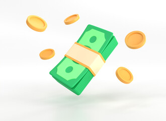 3d flying wad of money and gold coins in a minimalistic cartoon style. green banknotes isolated on white background. business and financial investment concept. 3D rendering illustration.