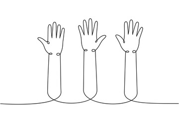 Wall Mural - Hands raised up one line continuous drawing. Applaud hands continuous one line illustration. Vector minimalist linear illustration.