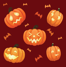 Vector Square Background With Halloween Pumpkins On A Dark Background. 