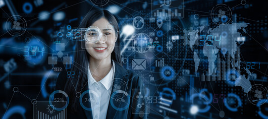 Double exposure of Businesswoman working on artificial intelligence and holographic interface network icons, communication and digital innovation technology AI concept.
