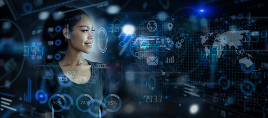 Double exposure of Businesswoman working on artificial intelligence and holographic interface network icons, communication and digital innovation technology AI concept.