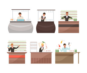 Sticker - Professional bartenders mixing drinks at bar counter set cartoon vector illustration