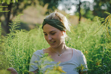 Wall Mural - happy tattooed alternative & spiritual looking hipster woman smiling into the cam outside in a park with a green refreshed nature forest background
