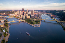 Aerial View Of Pittsburgh, Pennsylvania. Business District Point State Park Allegheny Monongahela Ohio Rivers In Background.
