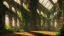 A Garden In A Majestic Architectural Building With Large Stained Glass Windows And Arches. Mystical And Mysterious Rooms In Green Plants. Fantasy Interior, Exterior Inside The Building. 3D 