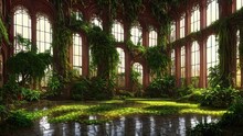 A Garden In A Majestic Architectural Building With Large Stained Glass Windows And Arches. Mystical And Mysterious Rooms In Green Plants. Fantasy Interior, Exterior Inside The Building. 3D 