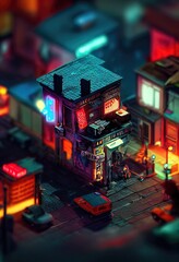 Wall Mural - Isometric neon night city. City navigation, street map. Dark streets, illuminated signs, advertising, city roads and buildings. 3D illustration