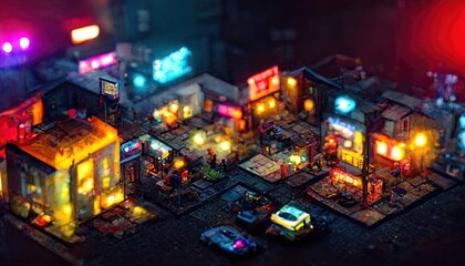 Wall Mural - Isometric neon night city. City navigation, street map. Dark streets, illuminated signs, advertising, city roads and buildings. 3D illustration