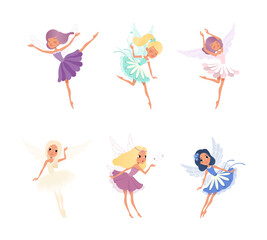 Wall Mural - Cute beautiful little winged fairies set. Lovely girls with wings in colorful dresses cartoon vector illustration