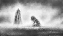 Young Witch Crying At Forgotten Grave. Dark Silhouettes Illustration. Despair In Fog Apocalypse. Hazy Landscape Inspiring Melancholy. Horror Fantasy Genre. Coal Noise Effect. Black White Background.