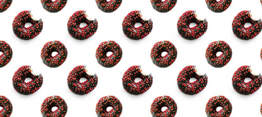 Wall Mural - bited donuts with glaze on white background seamless pattern. Food dessert of chocolate doughnuts