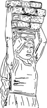 Stop Child Labour Sketch Drawing, Young Kid Girl Carrying Bricks On Her Head Outline Vector Illustration, Child Labour Girl Banner, Poor Children Doing Hard Work Silhouette