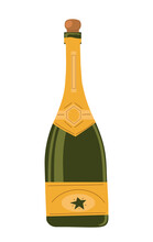 Green Champagne Bottle. Alcoholic Drink With Gold Label, Slip And Wealth. Romantic Date In Cafe Or Restaurant, Beverage Product. Poster Or Banner For Website. Cartoon Flat Vector Illustration