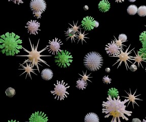 Wall Mural - Isolated different kind of viruses in the black background 3d rendering 