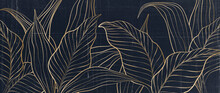 Luxury Ink Art Background With Tropical Leaves In Gold Line Art Style. Botanical Abstract Blue Banner For Wallpaper Design, Print, Packaging, Decor, Textile, Fabric, Invitations.
