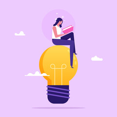 Wall Mural - Businesswoman sitting on light bulb and reading the book. Man looking for new ideas. Education or creative idea concept, vector illustration