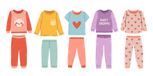 Girl Pajamas Set. Textile Night Clothes For Kids Sleepwear Bedtime Pajamas Vector Colored Pictures