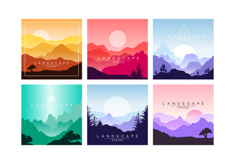 Sticker - Set of beautiful mountain landscapes. Picturesque scenes of nature at different day time cartoon vector illustration