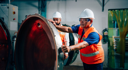 Wall Mural - Professional engineering or worker man in protective safety uniform with white hardhat working at factory, Metal working industry concept.