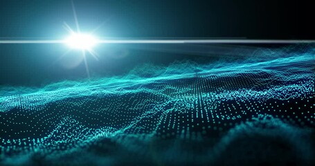 Leinwandbilder - 3d, futuristic and wave vibration with shining light for technology, cyberspace and metaverse spectrum background. Oscilloscope, big data and information technology ai code and virtual reality dots