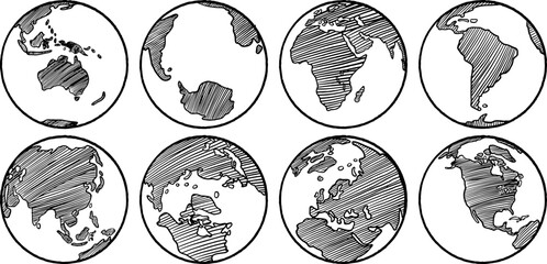 Hand drawing of eight globe earth sketch isolated on white background.