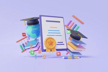 3D render graduation certificate diploma concept with graduation cap and book floating on pastel background quality courses exam education information warranty knowledge document assurance guarantee.