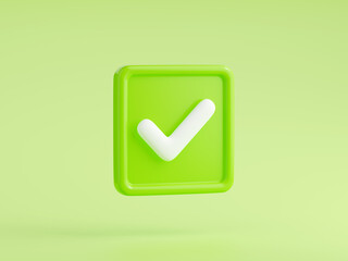 3d render tick, check mark isolated icon. Checklist button, approval, best choice, right solution, success, accept, agree, ok and choose sign on green background, Cartoon illustration in plastic style