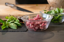 Raw Beef Are Prepared In Glass Bowl For Thai Food Cooking, Stir-Fried Beef Basil. In The Studio Light.