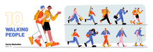 Set Of Walking People. Diverse Pedestrians Walk, Tourist With Camera, Businessman, Teenager, Student Or Schoolgirl, Courier Passerby Characters, Young Men And Women, Line Art Flat Vector Illustration