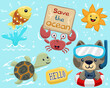 Set of hand drawn funny marine animals cartoon with cute cat wearing diving goggles on lifebuoy