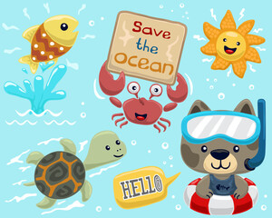 Wall Mural - Set of hand drawn funny marine animals cartoon with cute cat wearing diving goggles on lifebuoy