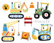 Hand drawn funny industrial vehicle with colorful ornaments with construction signs