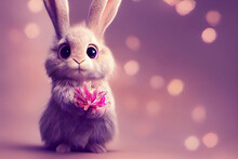 Cartoon Fluffy Baby Bunny Girl With Big Eyes And A Pink Flower, Illustration