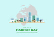 World habitat day with sky scrapper and earth map isolated on blue background.