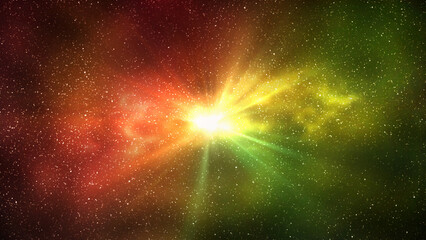 Wall Mural - burst of light in space. night starry sky and bright yellow red galaxy, horizontal background