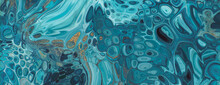 Liquid Swirls In Beautiful Teal And Blue Colors, With Gold Glitter. Luxurious Art Banner.