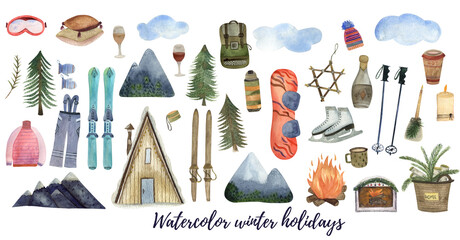 Watercolor big set of winter holidays in mountains. Winter activities vacation. Isolated on a white background. Great for different prints, advertisement, promotions, designs, print in a big resolutio