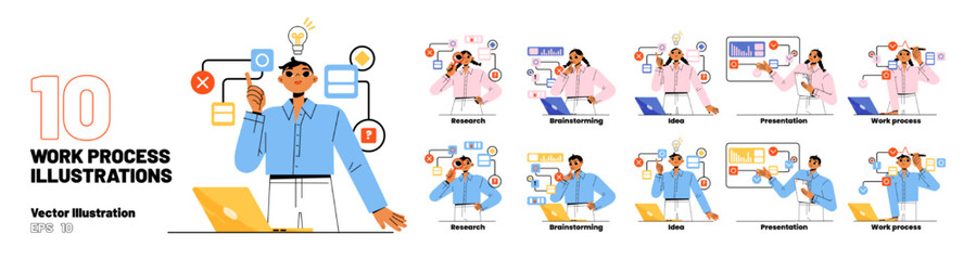 Wall Mural - set business characters at work process. project development concept with developer research, brains