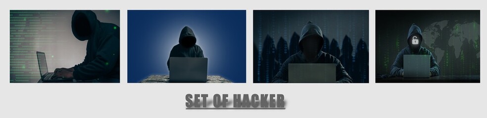 Wall Mural - Set of hackers wearing black hoodies. They are stealing a lot of financial information on their computers and have a lot of falling dollars and lying on the table.