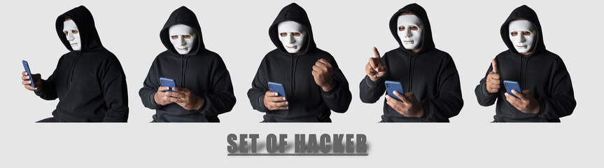 Wall Mural - Set of images of an anonymous masked hacker using a smartphone to hack credit card financial information. concept of hacking and malware