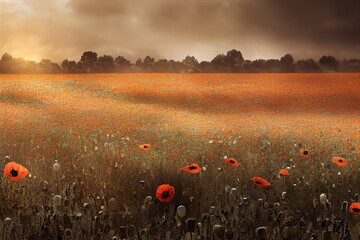 Poppy field. Remembrance day concept. Neural network generated art. Digitally generated image. Not based on any actual scene or pattern. High quality illustration.