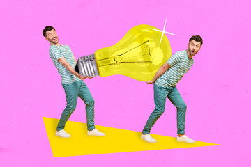 Poster - Creative drawing collage picture of two excited man carry big electric lighting bulb have brilliant idea scientists invention business plan