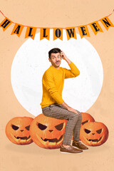 Poster - Creative abstract template graphics image of funny funky guy thinking halloween organization isolated drawing background