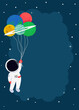 Boy in space invitation template. Astronaut floating with planets like balloons in cute flat cartoon style. Colorful vector illustration for baby boy, kids birthday party invitation card design.
