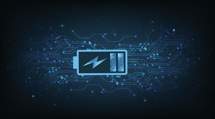 Energy Concept. Battery Icon on electric circuit digital background. Futuristic battery quick charging power source concept.