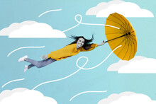 Creative Poster Collage Of Active Funky Lady Hold Hang Umbrella Flying Windy Weather Soar Sky Clouds Blow Away Travel Have Fun Autumn Fall