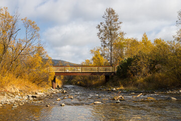 Wall Mural - Autumn landscape with a footbridge across the river. Fall season. Yellow leaves on trees and bushes. View of the river and a small metal bridge in a mountain valley.